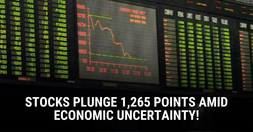 Pakistan Stock Exchange tumbles as KSE-100 index drops 1,265 points amid economic uncertainty.